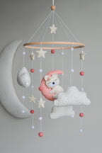 Baby Girl Pink Bear Boucle clouds and moon baby nursery mobile - Minidreams Decor