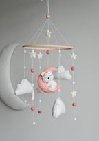 Baby Girl Pink Bear Boucle clouds and moon baby nursery mobile - Minidreams Decor