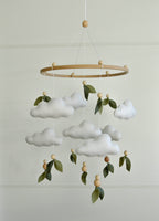 Floral mobile with leaves wooden beads and clouds - Minidreams Decor