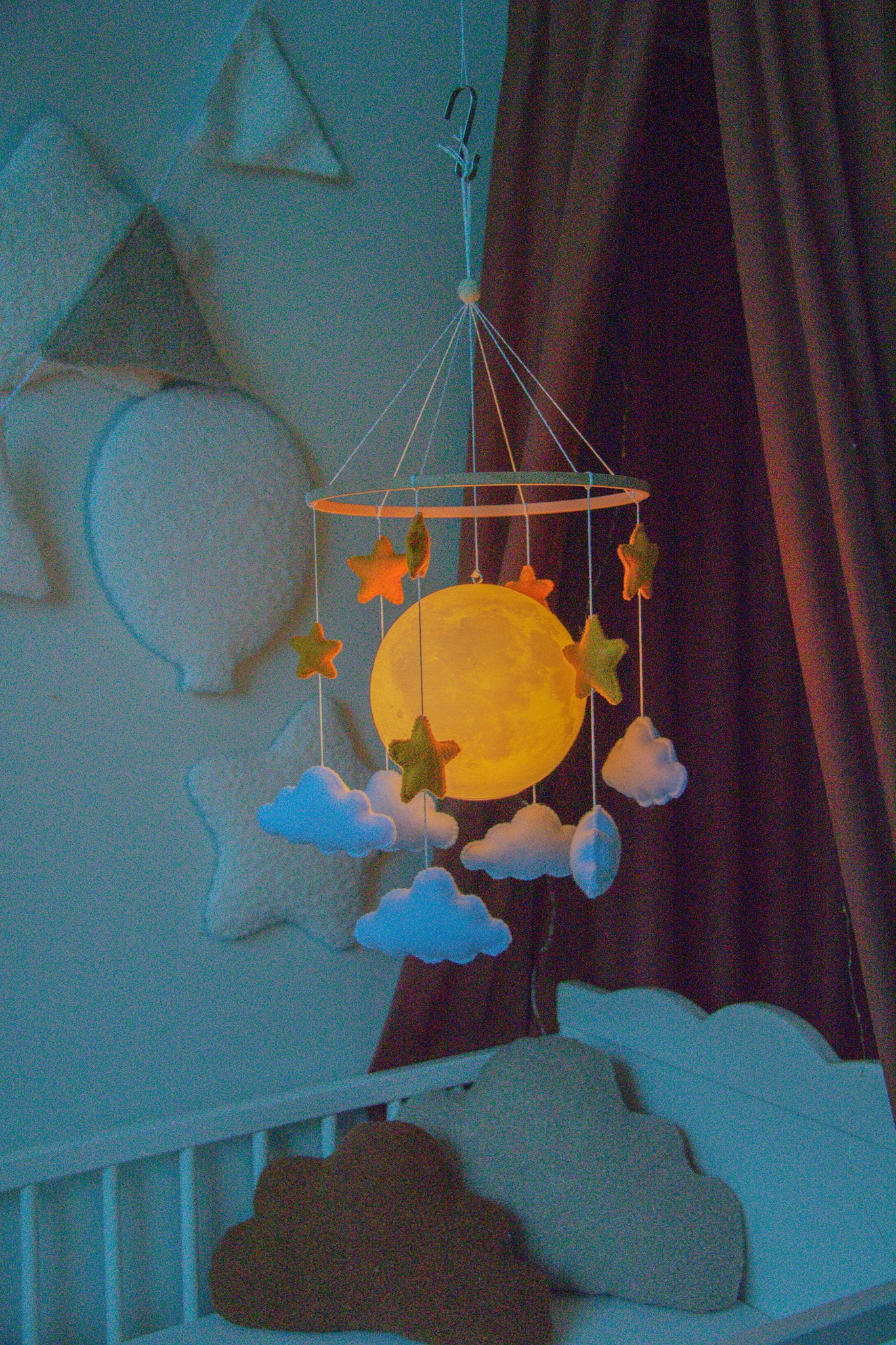 Moon Baby Mobile with Stars and Clouds – Handmade Neutral Nursery Decor