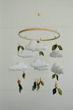 Floral mobile with leaves wooden beads and clouds - Minidreams Decor