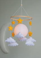 Moon Baby Mobile with Stars and Clouds – Handmade Neutral Nursery Decor
