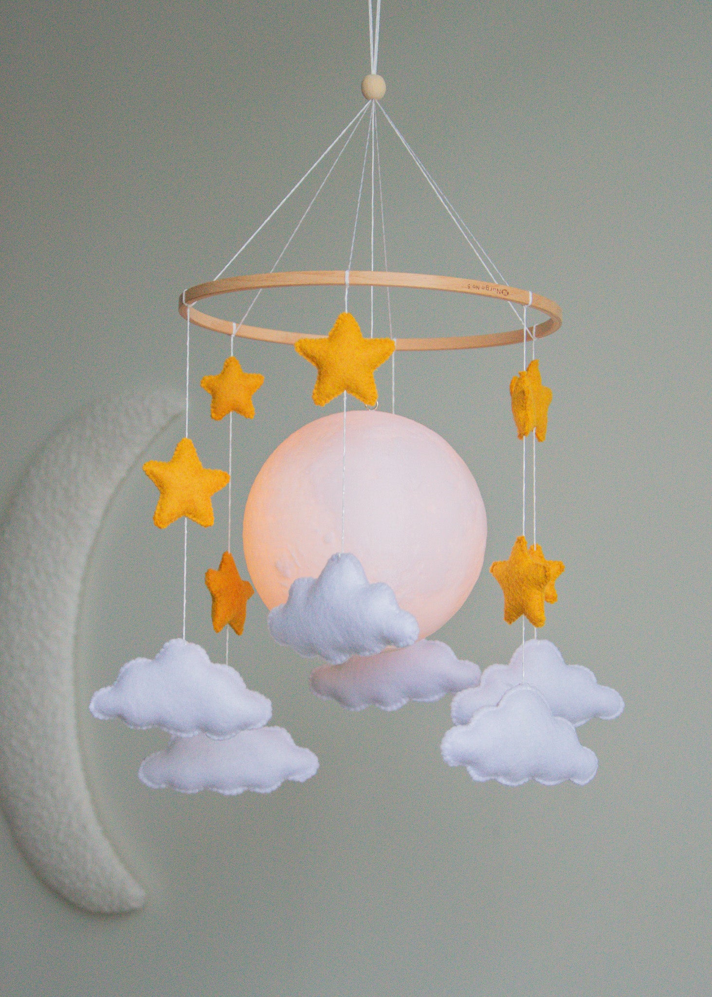 Moon Baby Mobile with Stars and Clouds – Handmade Neutral Nursery Decor