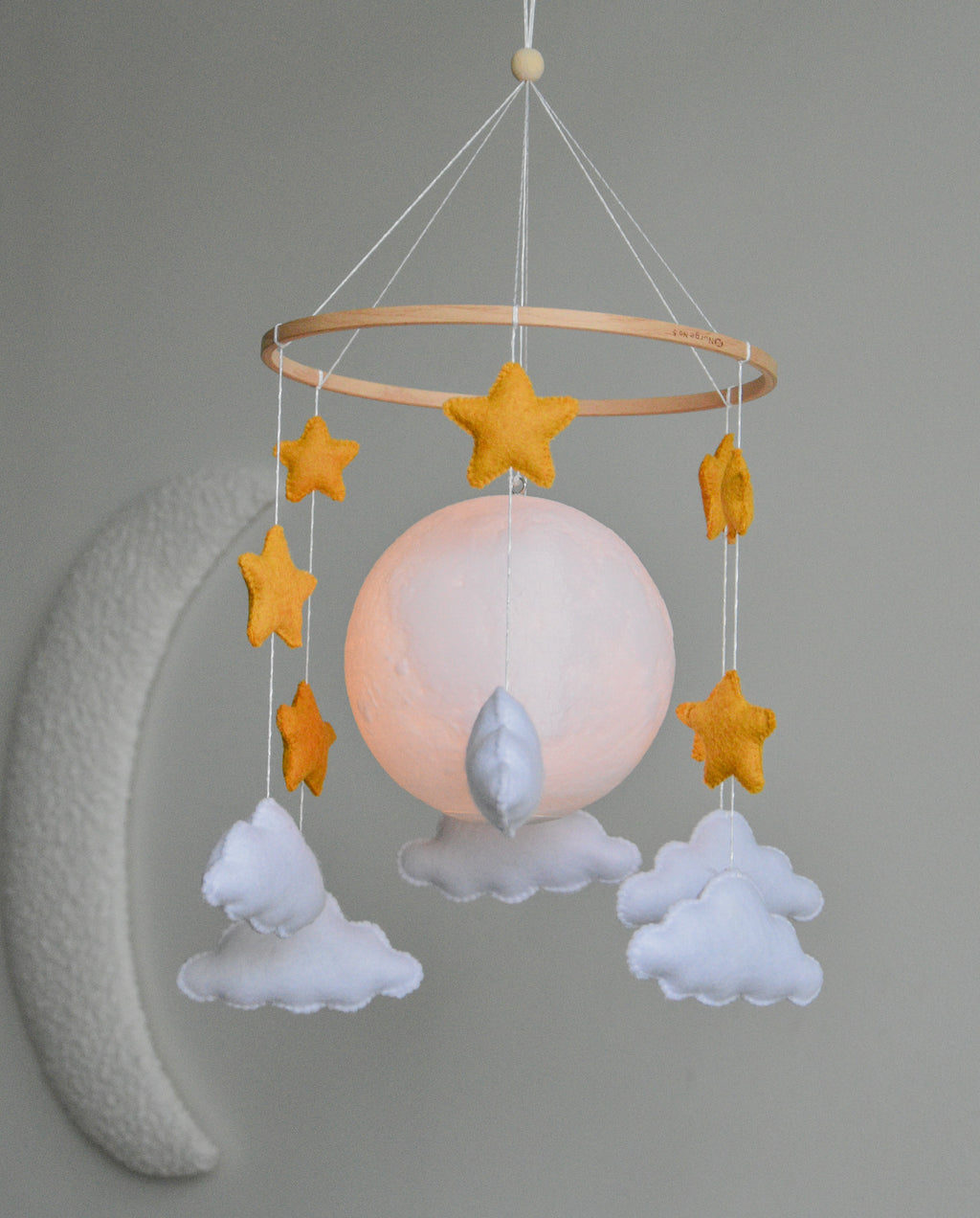 Moon Baby Mobile with Stars and Clouds – Handmade Neutral Nursery Decor
