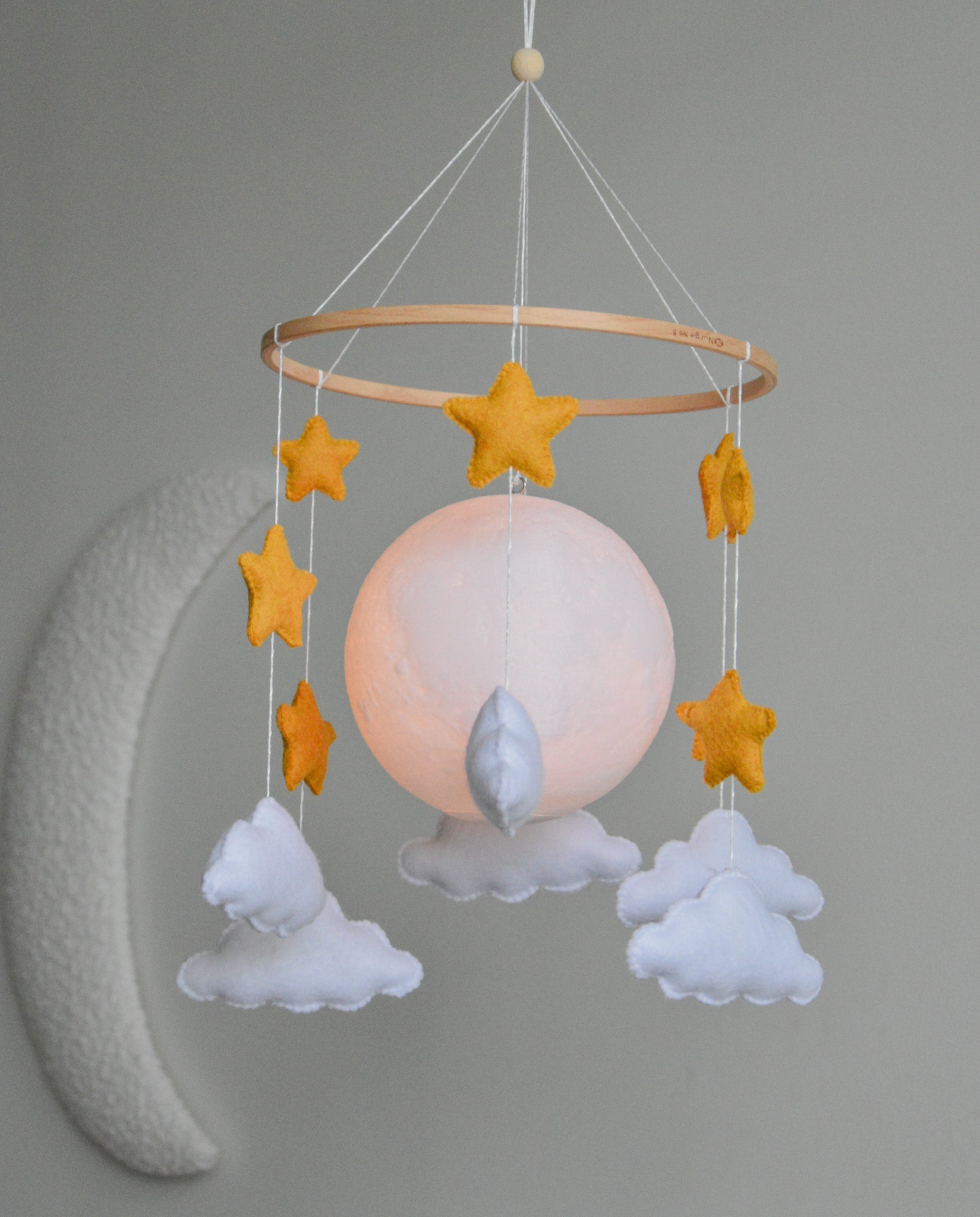 Moon Baby Mobile with Stars and Clouds – Handmade Neutral Nursery Decor