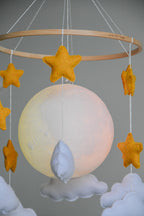 Moon Baby Mobile with Stars and Clouds – Handmade Neutral Nursery Decor