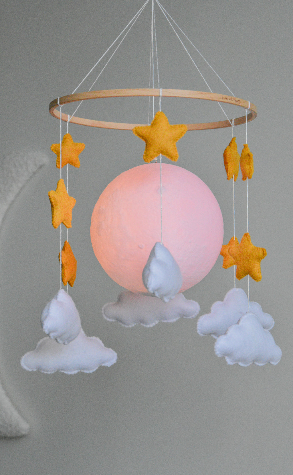 Moon Baby Mobile with Stars and Clouds – Handmade Neutral Nursery Decor