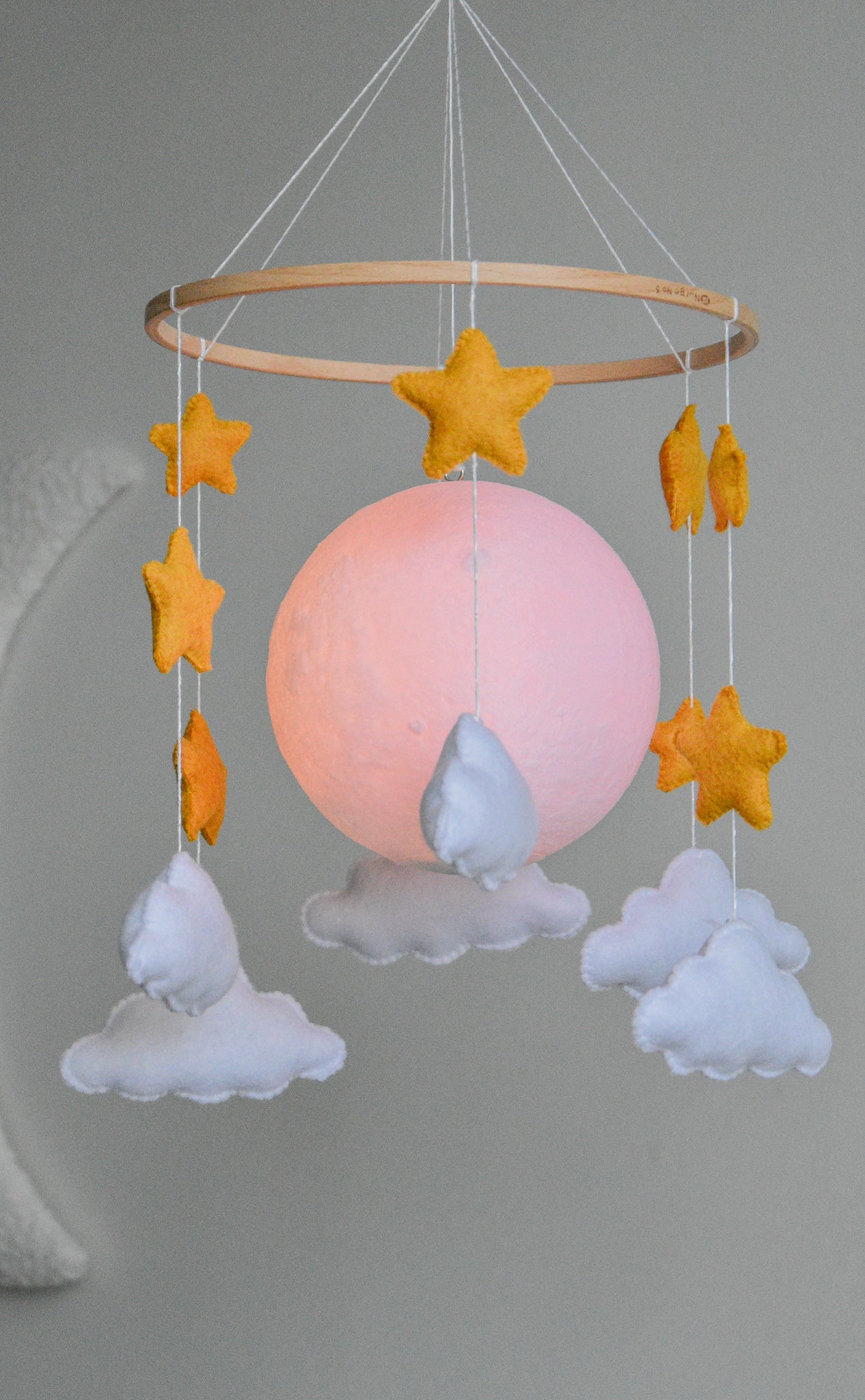 Moon Baby Mobile with Stars and Clouds – Handmade Neutral Nursery Decor