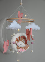 Cute Deer on the moon cloud and pink bows themed Baby crib Mobile - Minidreams Decor