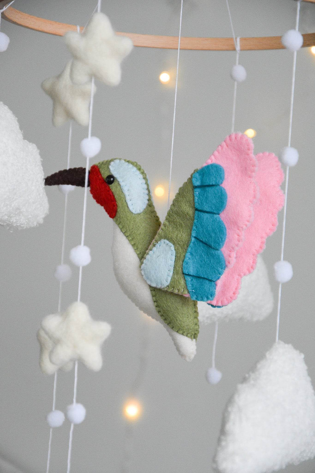 Hummingbird and boucle clouds baby nursery mobile - Minidreams Decor