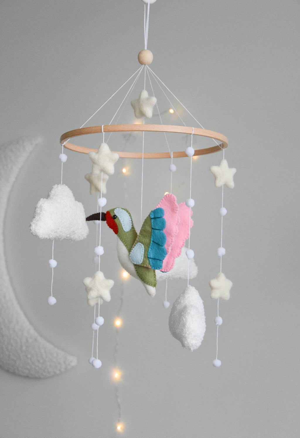 Hummingbird and boucle clouds baby nursery mobile - Minidreams Decor