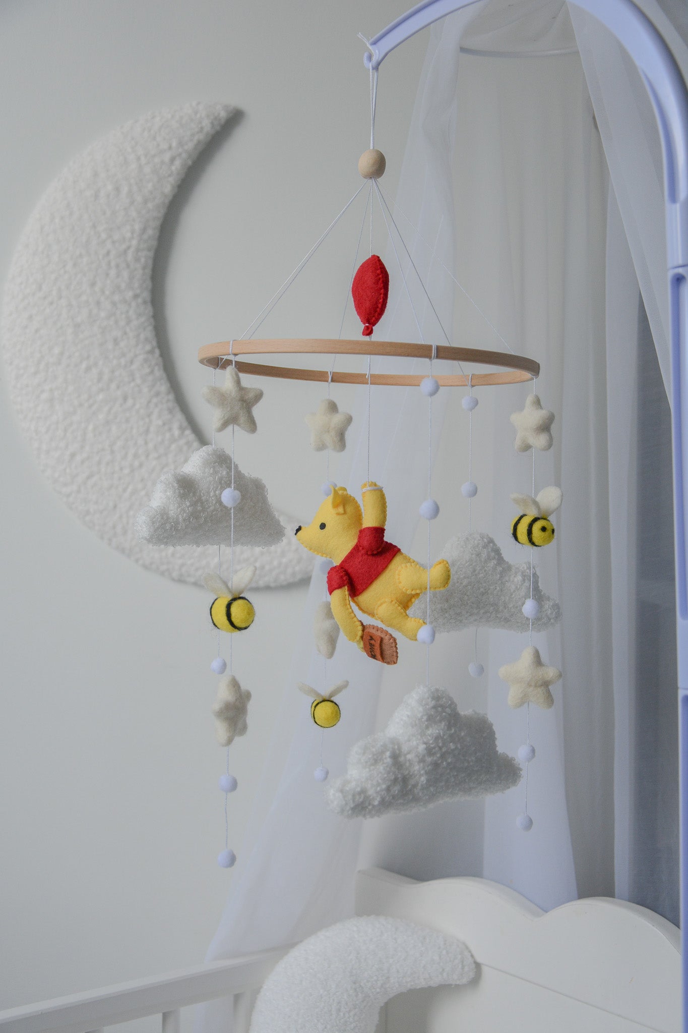 Winnie Pooh Baby Nursery Mobile with Boucle Clouds, Moon, and Bees