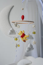 Winnie Pooh Baby Nursery Mobile with Boucle Clouds, Moon, and Bees