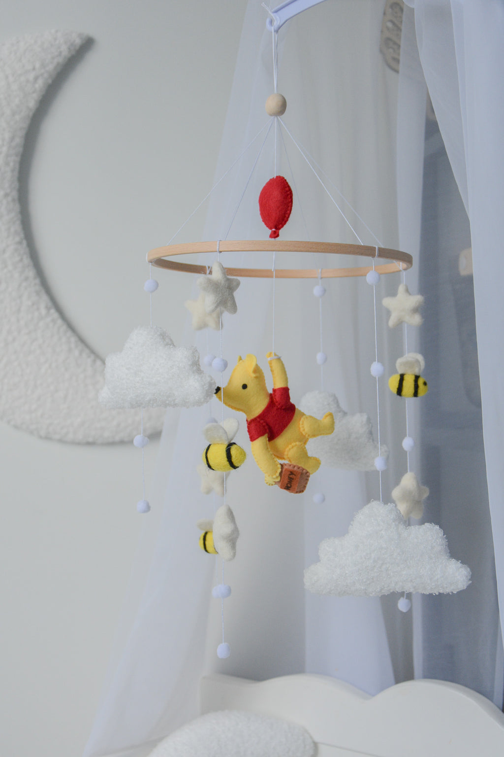 Winnie Pooh Baby Nursery Mobile with Boucle Clouds, Moon, and Bees
