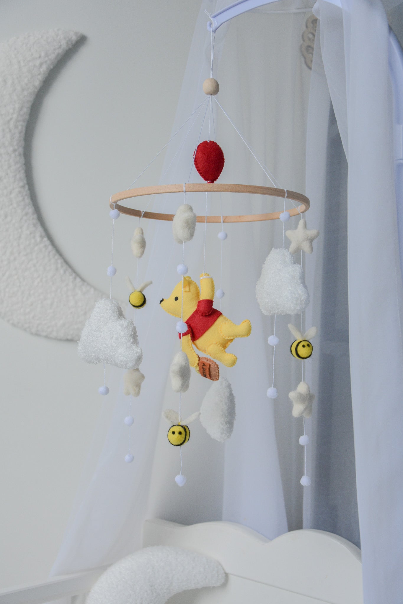 Winnie Pooh Baby Nursery Mobile with Boucle Clouds, Moon, and Bees