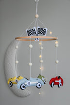 Handmade old school racing cars baby mobile, Neutral nursery mobile, Retro racing baby crib mobile - Minidreams Decor