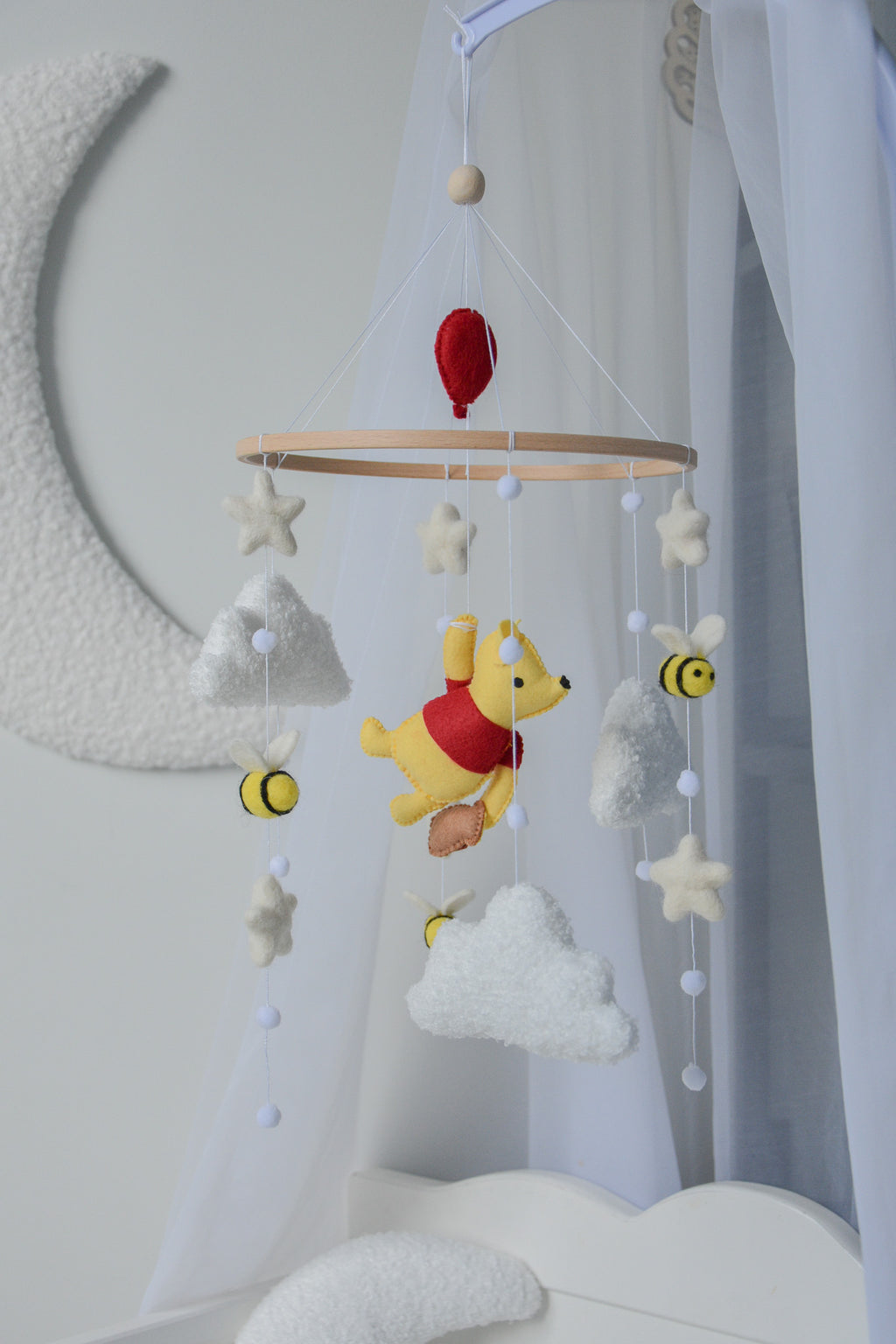 Winnie Pooh Baby Nursery Mobile with Boucle Clouds, Moon, and Bees