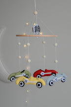 Handmade old school racing cars baby mobile, Neutral nursery mobile, Retro racing baby crib mobile - Minidreams Decor