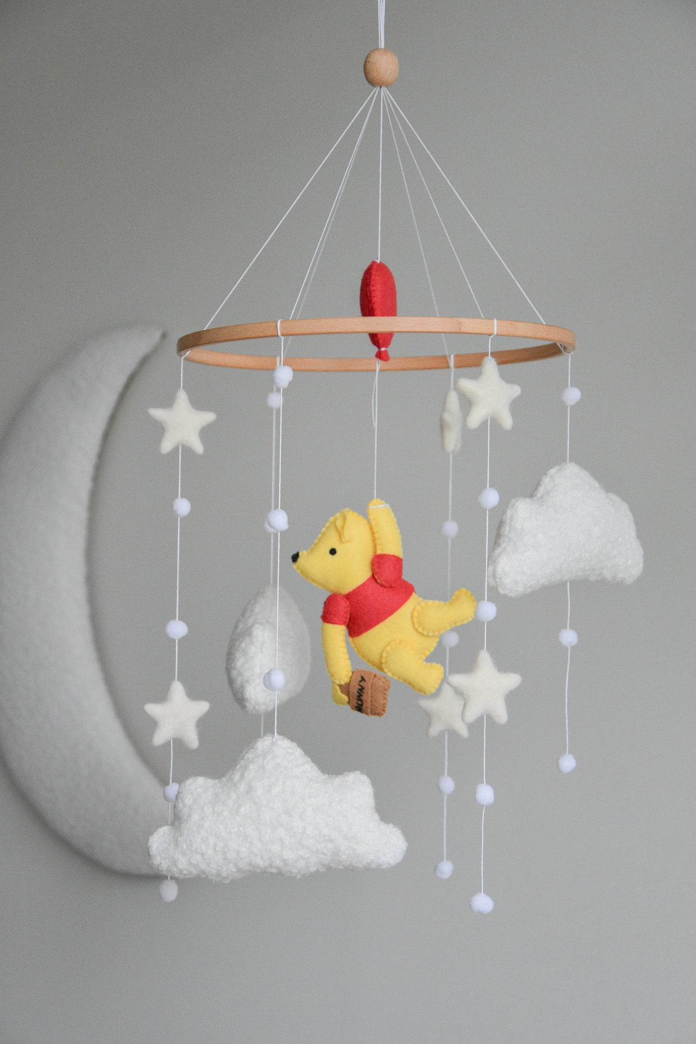 Winnie Pooh boucle clouds and moon baby nursery mobile - Minidreams Decor