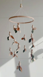 Floral Mobile with Wooden Pearls in Green, Beige, Brown, and Leaves for Elegant Decor