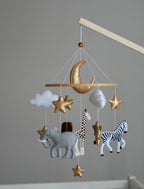 Safari mobile with giraffe, lion, elephant, moon, stars and clouds - Minidreams Decor