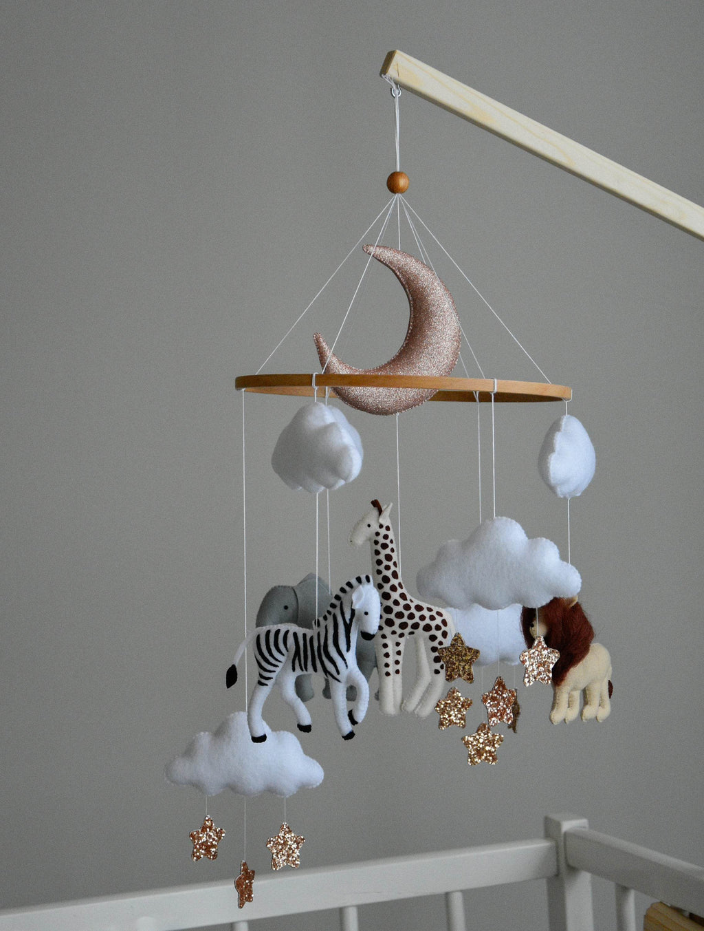 Baby girl safari mobile with giraffe, elephant, zebra and lion - Minidreams Decor