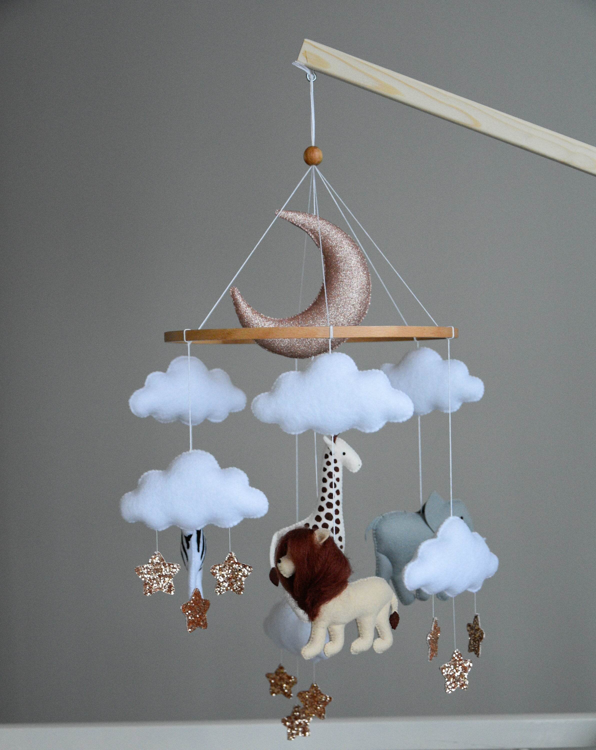Baby girl safari mobile with giraffe, elephant, zebra and lion - Minidreams Decor