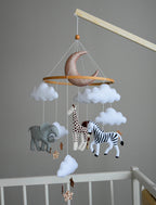 Baby girl safari mobile with giraffe, elephant, zebra and lion - Minidreams Decor