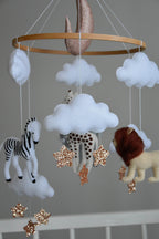Baby girl safari mobile with giraffe, elephant, zebra and lion - Minidreams Decor
