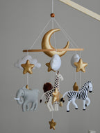 Safari mobile with giraffe, lion, elephant, moon, stars and clouds - Minidreams Decor