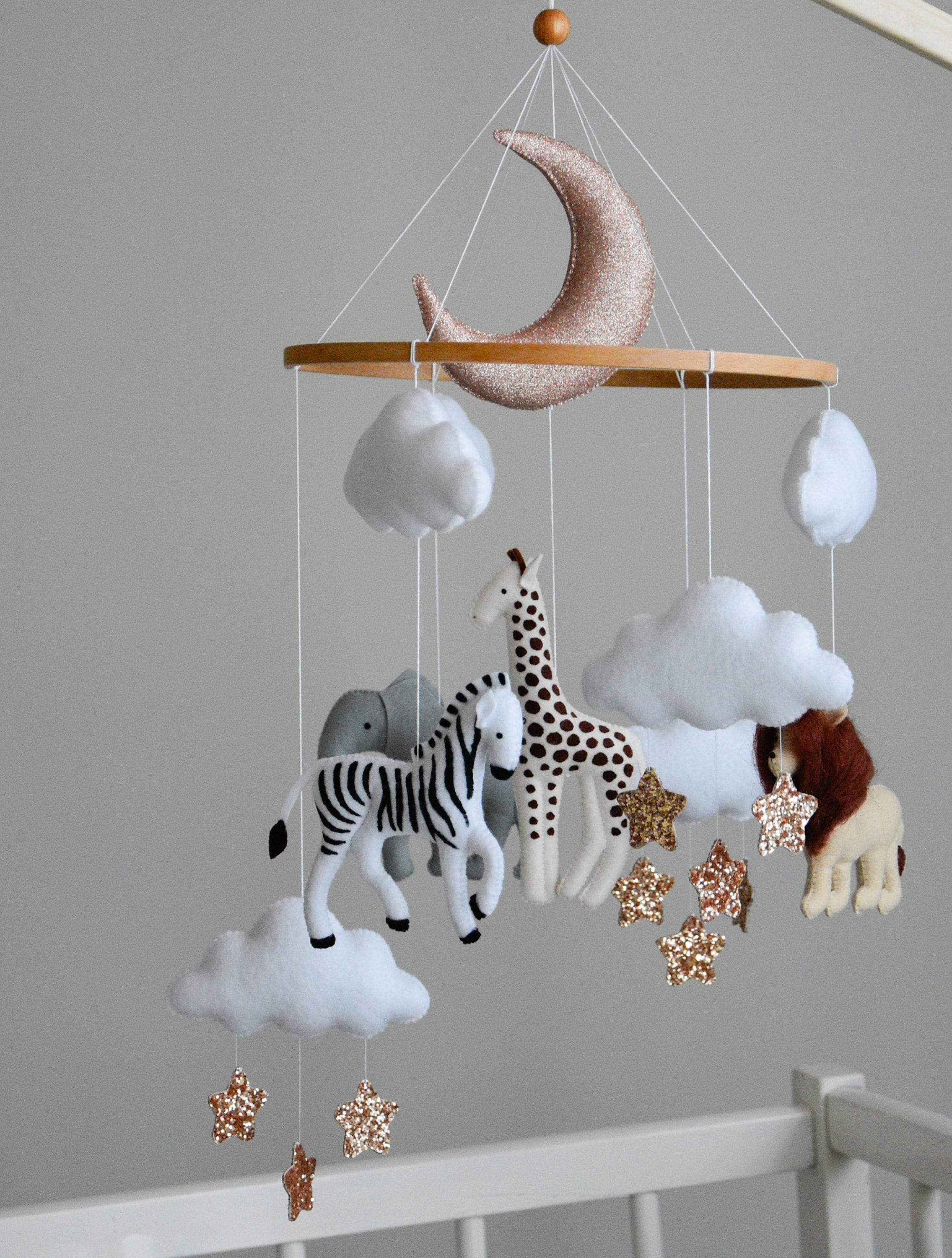 Baby girl safari mobile with giraffe, elephant, zebra and lion - Minidreams Decor