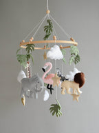 Safari mobile with lion, zebra,, flamingos, elephants, monstera leaves, stars and clouds - Minidreams Decor