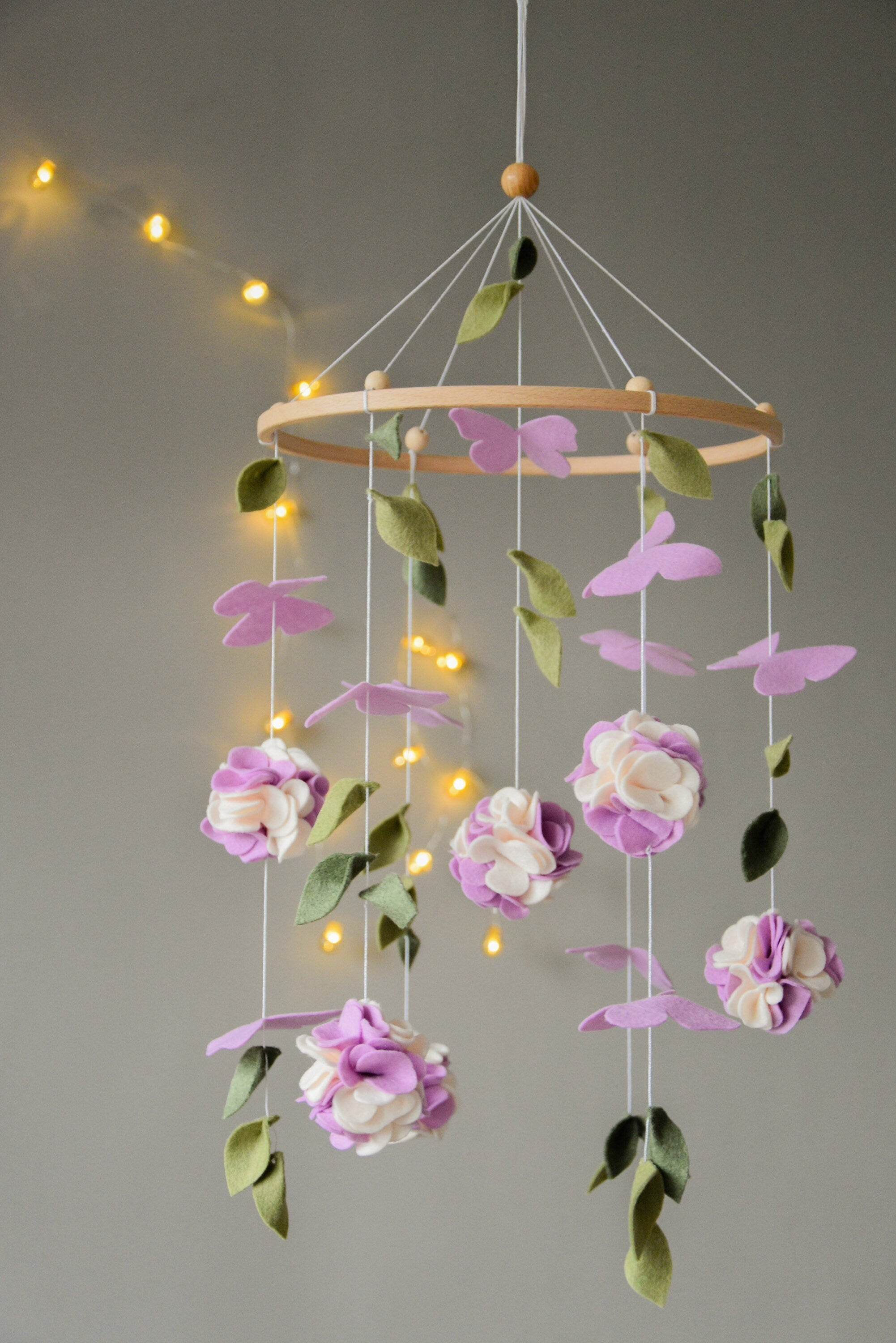Floral mobile with purple white flower, butterfly and leaves - Minidreams Decor