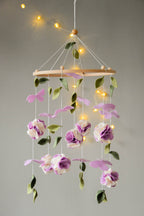 Floral mobile with purple white flower, butterfly and leaves - Minidreams Decor