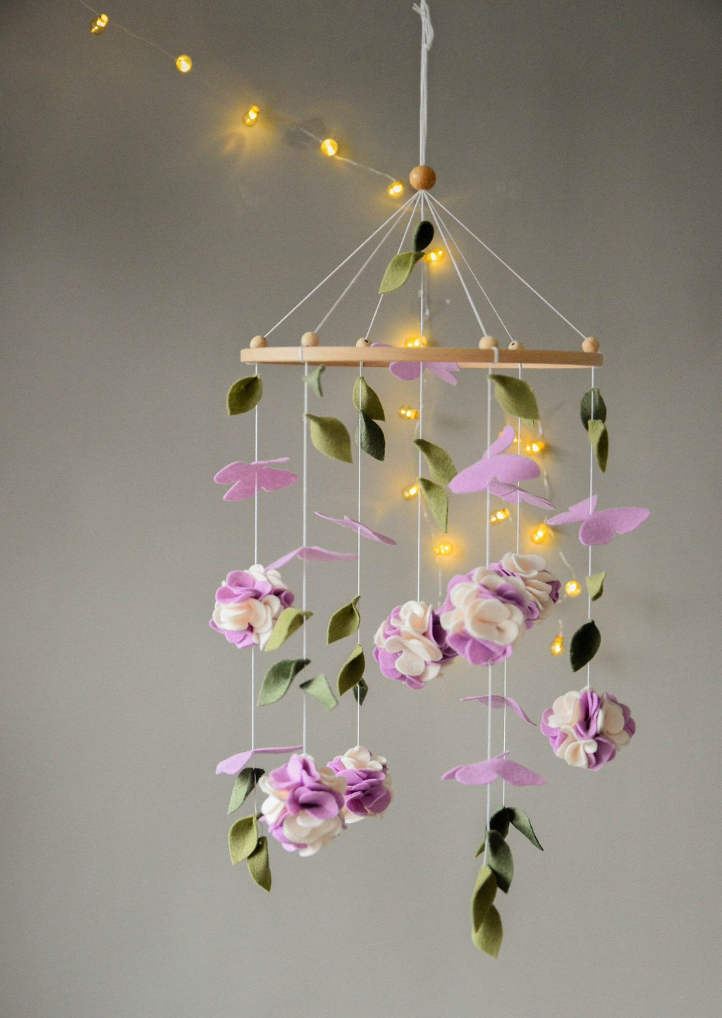 Floral mobile with purple white flower, butterfly and leaves - Minidreams Decor