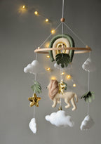 Baby mobile with Lion, golden stars clouds, monstera leaves and rainbow - Minidreams Decor