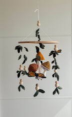 Forest style mobile with Monarch butterfly, Mushrooms and leaves - Minidreams Decor